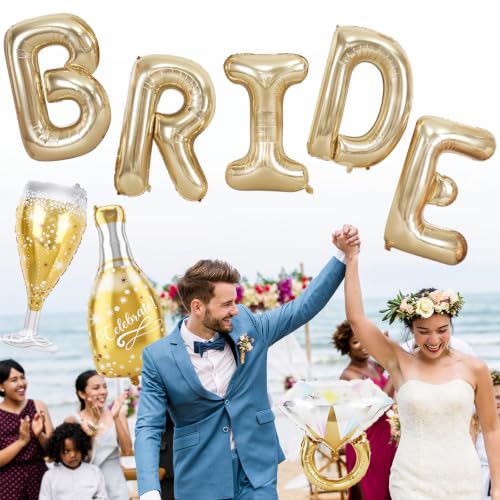 Image of 40inch Bride Balloons Light Gold Letters Banner, Bachelorette Party Decoration Set with Diamond Ring Champagne Bottle Balloon Glass Foil Balloon for Bachelorette Engagement Wedding Bridal Shower Decor