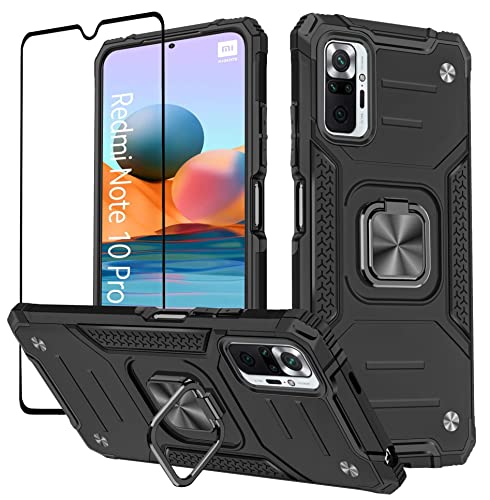 KANSi Coque Compatible pour Xiaomi Redmi Note 10 Pro, Verre Trempé + Housse TPU Silicone Rotation 360° Aimant Anneau Support Double Défense Protection Etui pour Redmi Note 10 Pro - Noir