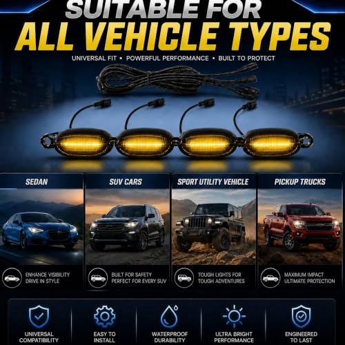 Image of Car Front Grill Set of 4 Pcs Universal Smoked Shell Style DRL Emergency Warning Off-Roading Lights (4 X 4) for All Cars, Vans, SUV, Trucks (Yellow)