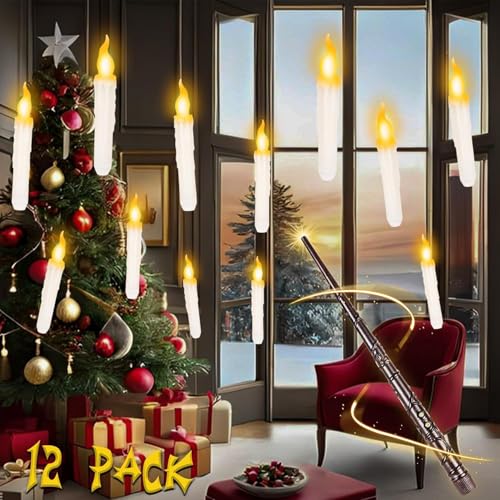 SOONEEDEAR 12 Floating Harry Handling Potter LED Candles with Stick, Flameless Pockets, Battery Operated, Conical Hanging Candles for Holiday Party, Birthday, Church, Home Decoration