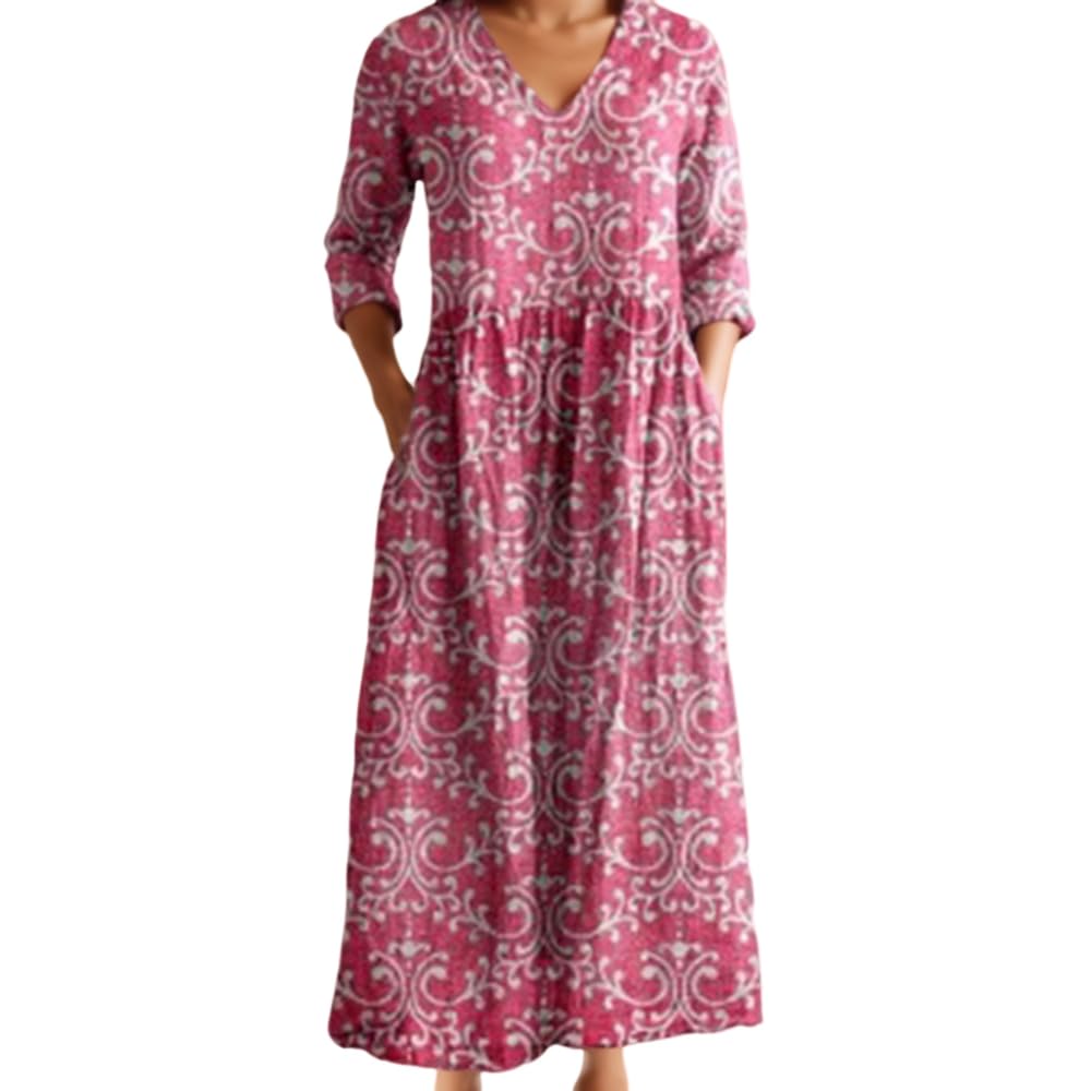 Akivide Women's Long Sleeve Boho Floral Prirted V Neck Tunic Dress Casual Loose Fall Tunic Maxi Dresses 2025 with Pockets