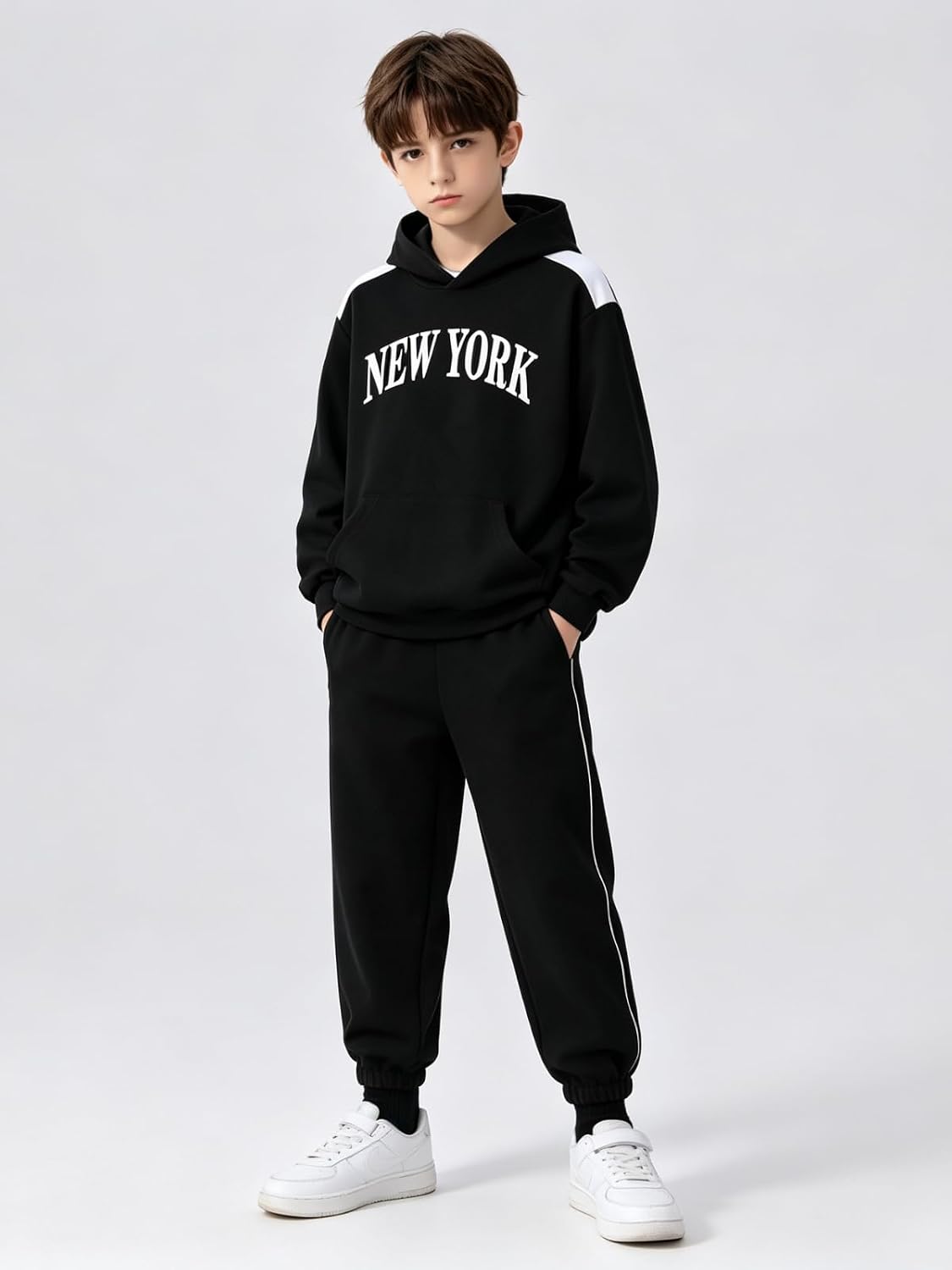 6-12 Years Boys 2 Piece Outfits Hooded Sweatshirt Wide Leg Pants Fall Set