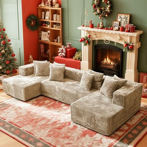 130'' U Shaped Couch, Cloud Modular Boneless Sectional Couches with 2 Chaise Lounge, Modern Upholstered Faux Rabbit Fur Sofa Sleeper Deep Seat Corner Couch for Living Room, No Assembly (Light Coffee) - Image 4