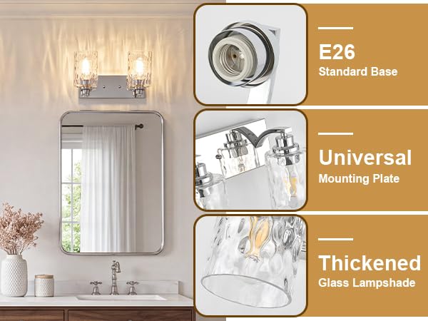 Image of 2-Light Bathroom Light Fixtures Modern Chrome Vanity Lights | Easy to Install Clear Hammered Glass Shades, Rippled Glow, Wall Mount Up or Down, E26 Socket, Hardwired, 120V