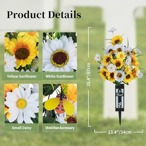 Artificial Cemetery Flowers for Grave: 2 Pc Yellow White Sunflower Grave Flower Bouquets for Cemetery Decorations - Spring Outdoor Gravesite Flowers with Vase image 7