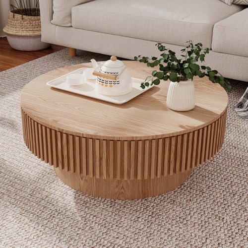 Round Coffee Table with Storage, Modern Wooden Coffee Table with Solid Wood Veneered, Circle Center Table Accent Tea Table for Living Room Apartment Small Space (31.5''L × 31.5''W × 14''H, Natural)