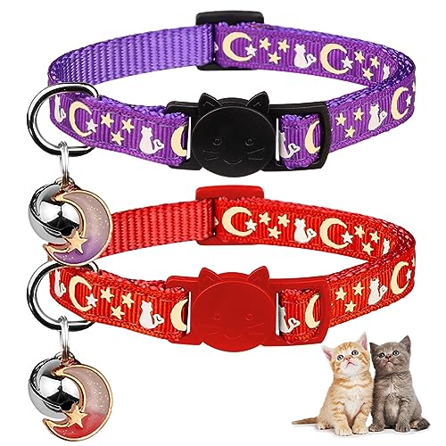 Baeuppit 2PCS Breakaway Cat Collars with Bell Cute Kitty Glow in The Dark Adjustable Kitten Collars(Red&Purple)