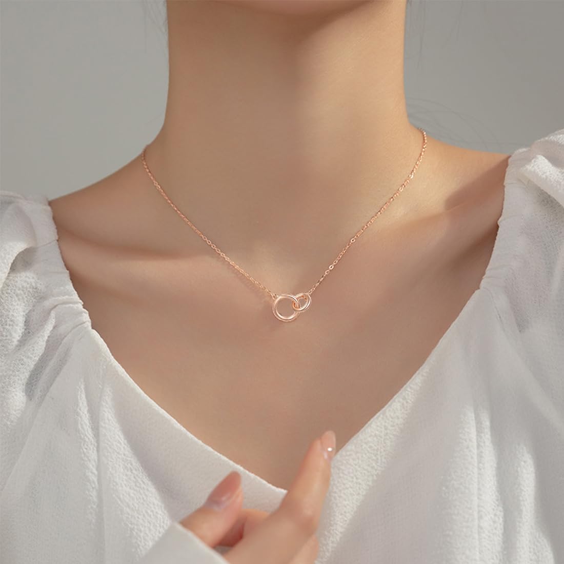 SURALIN Collana Donna Con Ciondolo Doppio Anello Geometrico – Catena Clavicola In Oro Rosa Con Zirconi, 40+5 Cm - 3