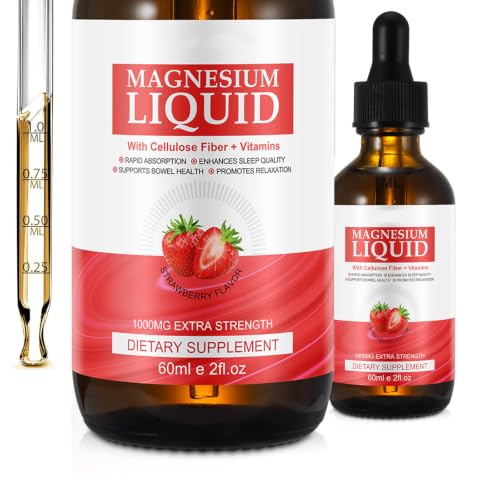 Magnesiumglycinat-Tropfen für Frauen & Männer Flüssiger Nahrungsergänzungsmittel-Komplex mit Magnesiumtaurat Zellulosefaser Bromelain Vitaminen und Zink Erdbeergeschmack 60 ml