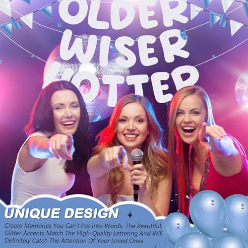 Image of Fulmoon Set of 3 Pre Strung Older Wiser Hotter Glitter Banner Funny Birthday Banner for Women 30th 40th 50th 60th 70th 80th Birthday Party Decorations Sign Gift(White)