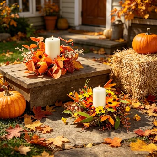 Image of 4 PCS 3 Inch Fall Floral Candle Rings Wreath Thanksgiving Candle Holder Rings Mini Artificial Autumn Wreath with Pumpkins Daisy for Table Centerpieces Farmhouse Fireplace Cabinets Wall Window Decors