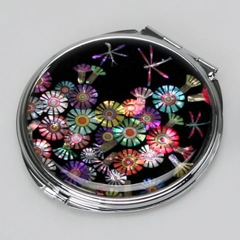 Antique Alive Mother of Pearl Dragonfly Compact Cosmetic Makeup Round Hand Mirror with Wild Flower Design Cover