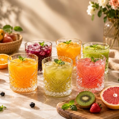 Image of bellemax 300ML Juice and Water Glass Stylish Crystal Highball Drinking Glasses, Medium Size Tumbler Glasses for Juice, Water, Milk, lassi, Cocktails and Sharbat (TR-16, 6 Count (Pack of 1))