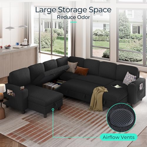 Image of LINSY HOME Sectional Sleeper Sofa with Pull Out Couch Bed - Convertible Plush Corduroy Cloud Couches with Storage Chaise & USB Charging, Comfy Modular Couch for Living Room, Black
