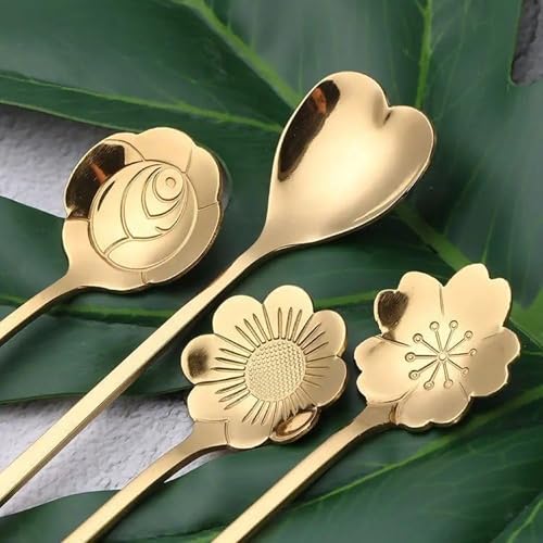 Image of Gold Tone Dessert Spoon Set with Decorative Flower and Heart Shaped Spoon Heads (Pack of 12)