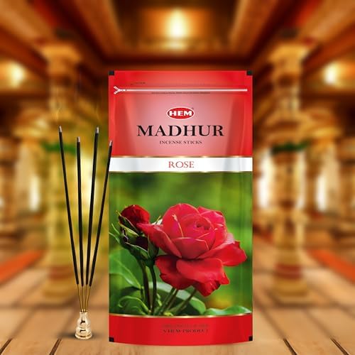 Image of Hem Madhur Rose Incense Sticks - Pack of 3 | Premium Agarbatti in Resealable Zip Pouch | Elegant Rose Aroma for Puja, Meditation & Home Freshness | Burns 35-40 Min | Approx. 300 Sticks