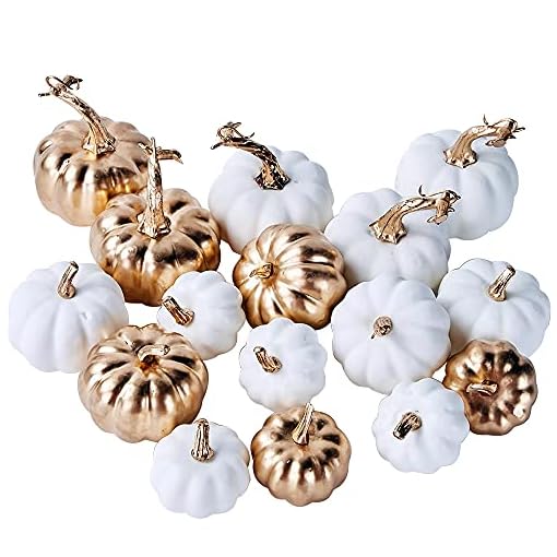 Artmag 16 Pcs Assorted Fall Artificial Pumpkins Harvest White Faux Pumpkins and Gold Plating Pumpkins for Halloween Fall Thanksgiving Decorating Displaying