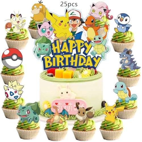 25Pcs For Anime Cake Decorations with 24pcs Cupcake Toppers 1pcs Happy Birthday Cake Topper Cartoon Themed Party Supplies Perfect for Birthday Party Decorations