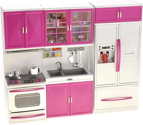 RBN Deluxe My Modern Kitchen Mini Playset Kit Battery Operated Kitchen Playset Refrigerator, Stove, Sink - Doll Size
