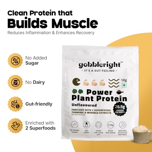 Image of GOBBLERIGHT Plant Based Protein Powder Unflavoured 1kg | No Added Sugar | Isolate & Concentrate Pea Rice Protein with Turmeric & Moringa | 5.59g BCAA | No Bloat & Gut Friendly | Vegan & Gluten Free