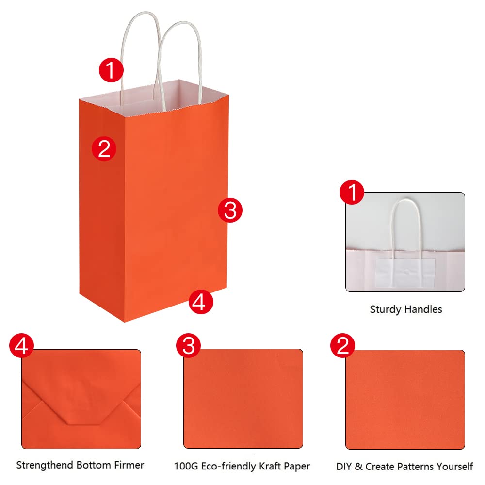 Oikss 100 Pack 5.25x3.25x8.25 Inch Small Orange Kraft Paper Bags with Handles Bulk for Birthday Wedding Party Favors Grocery Retail Shopping Business Goody Craft Gift Bags Cub Sacks (100pcs Count)