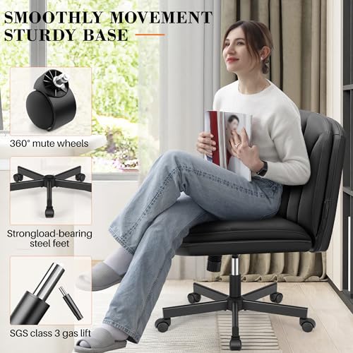 FelixKing Criss Cross Chair with Wheels, Cross Legged Office Chair, Armless Wide Vanity Desk Chair with Comfty PU Leather & Back - Swivel Height Ajustable for Home Office Bedroom, Black