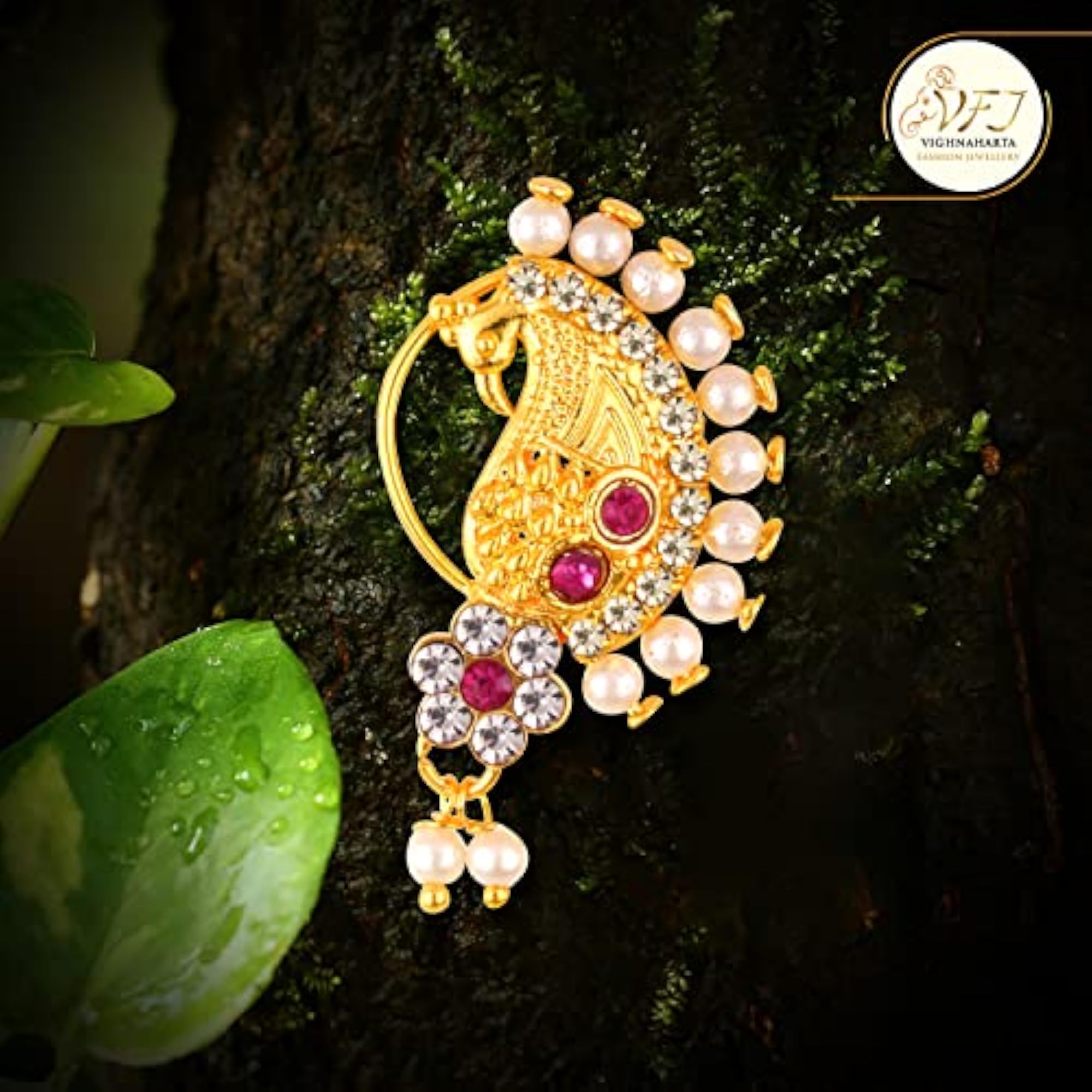 Women's Peacock Styled Gold Plated Nath with Pearl