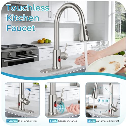 Image of Brushed Nickel Touchless Kitchen Faucet with Pull Down Sprayer | Touchless Motion Sensor, 3-Min Auto Shutoff, 3 Spray Modes, 360 Swivel Spout, RV Laundry Bar Sink, NSF372 NSF61 cUPC