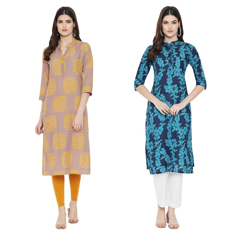 Pinkmint Women's Cotton Regular Kurti (Arangya2_Orange-Blue