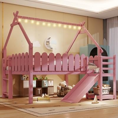 Bellemave Full Size Kids Low Loft Bed with Slide,House Loft Bed with LED Lights and Ladder,Solid Wood Girls Loft Bed Frame with Round Guardrails for Girls Boys,Pink