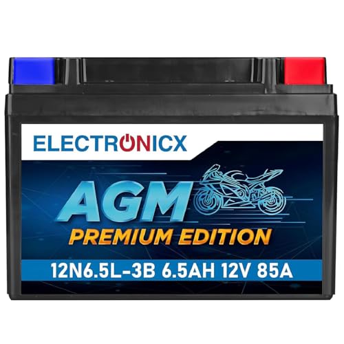Electronicx AGM Motorradbatterie 12N6.5 L-3B 12V 6 5Ah 85A Starterbatterie auslaufsicher wartungsfrei versiegelt vibrationsfest kompakt langlebig ideal für Roller Motorrad Quad und ATV