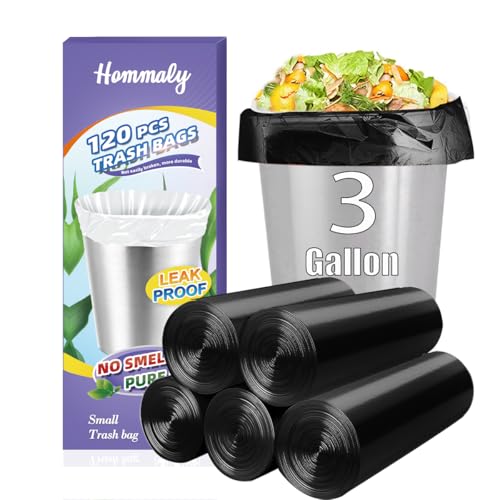 Image of 3 Gallon 120pcs Small black Trash Bags(Fit 3-3.2 Gal) Plastic Strong black Garbage Bags,Bathroom Trash Can Bin Liners,Waste Basket Liner,Fit 10-13 Liter, 2.6 Gallon,3 Gallon,3.2Gallon (3-Black120)