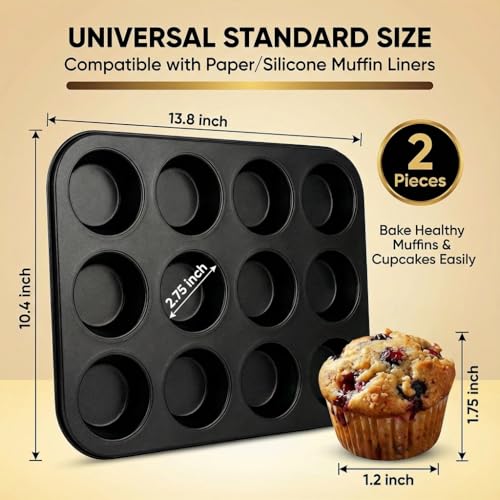 Image of 2 Pack Muffin Tin, Nonstick Cupcake Pan Set, Carbon Steel 12 Cupcake Tray, Cup Cake Pans for Baking, Cupcake Pans for Baking