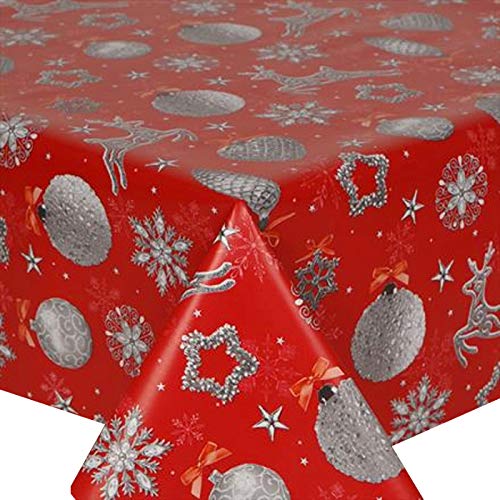 Kitchenwise PVC Tablecloth Xmas Sparkle Red 2.5 Metres Oval (250cm x 140cm), Christmas Snowflake Stag Deer Hearts Sparkle Star Baubles Bows Silver, Vinyl/Plastic Table Cloth