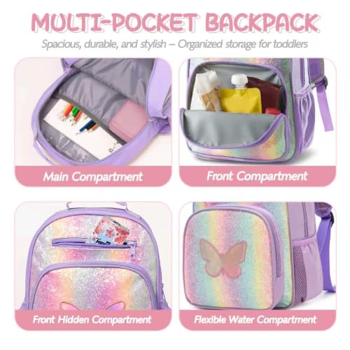Image of Girls Backpack 5-8,Kindergarten Elementary School Kids Backpack for Girls,Lightweight Butterfly Bookbag with Chest Strap