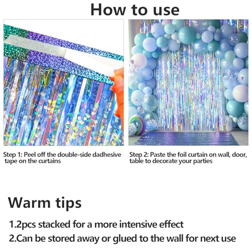 Image of 2 Packs Iridescent Foil Fringe Curtain, Neon Transparent Holographic Tinsel Backdrop for Birthday, Wedding, Baby Shower, Mermaid, Euphoria, Iridescent Party Decorations Supplies