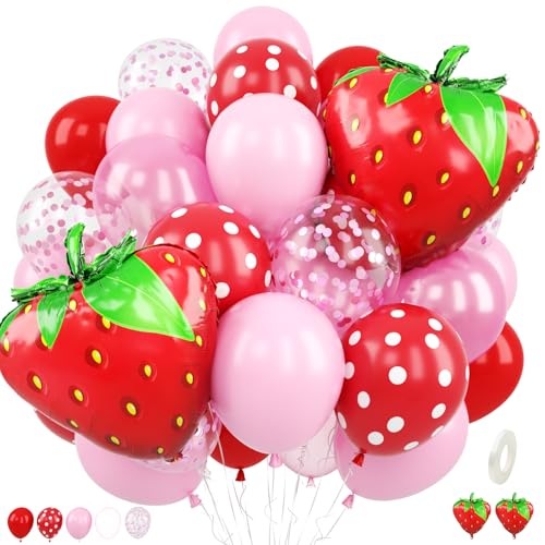 Strawberry Balloons 12 Inch Red and Pink Balloons Spot Printed Balloon with Strawberry Foil Balloon for Girls Sweet One Birthday Baby Shower Valentines Day Strawberry Fruit Themed Party Decorations