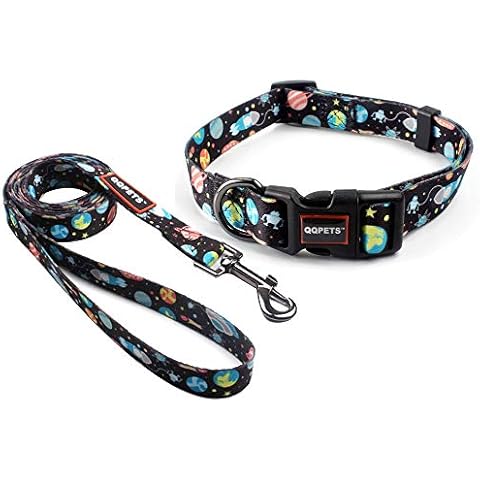 QQPETS Adorable Dog Collar Leash Set Pet Adjustable Collar for Medium Large Puppy Breed Boy Girl Up to 70lb Neck 13-21" Outdoor Walking Beautiful Space Pattern Easy On & Off Cover