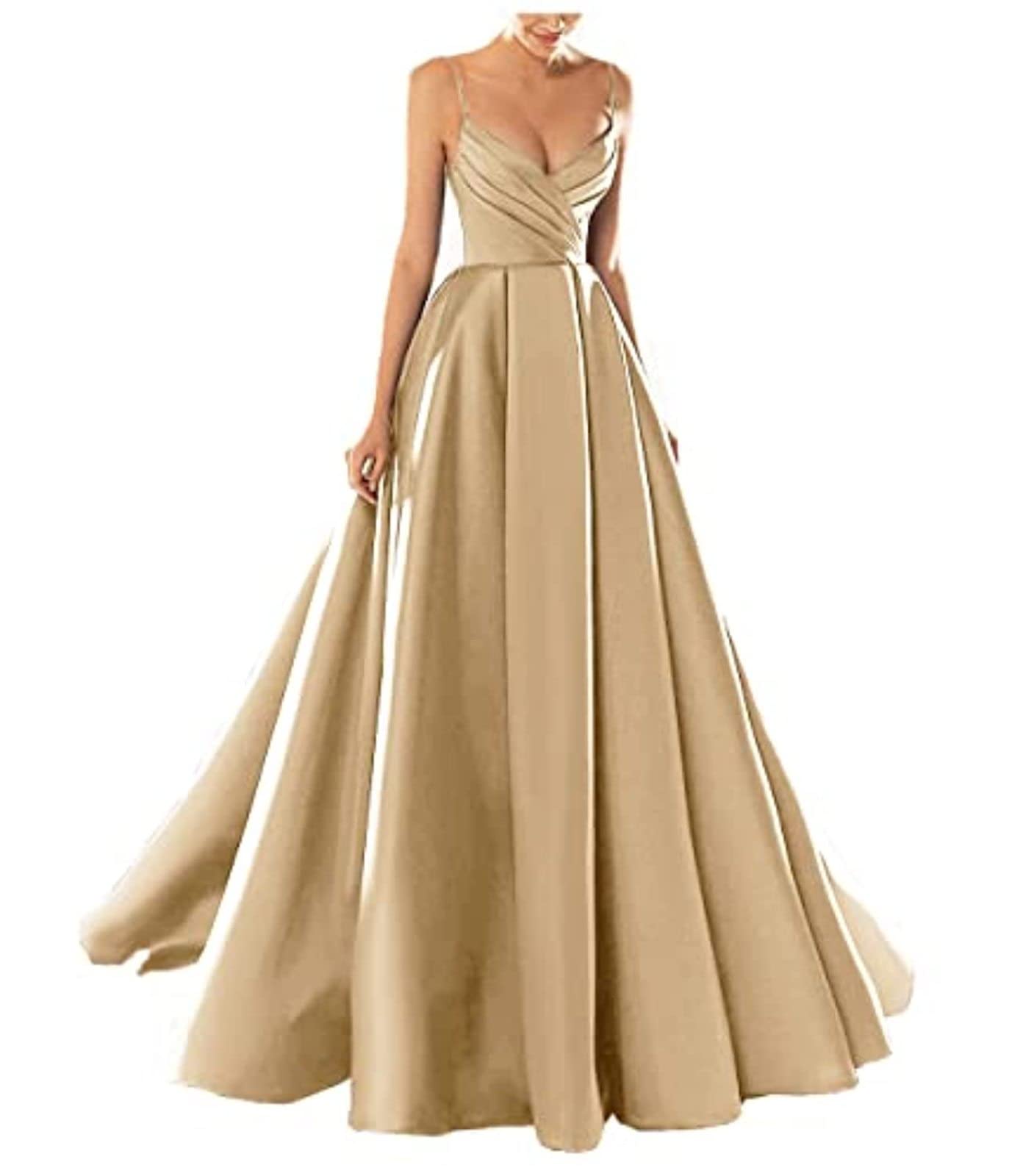 yhfshop Long Bridesmaid Evening Dress,Sexy V-Neck Spaghetti Strap Satin Evening Dress,Light Champagne,US8,Prom Bridesmaid Long Dress