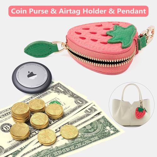 Cute Fruit Coin Purse Bag Charm,Mini Leather Coin Change Purse & Pouch Holder Keychain Charm for Handbag Tote Wallet Airtag Accessories,Kawaii Fruit Bag Charms for Girl Women Pink Strawberry4
