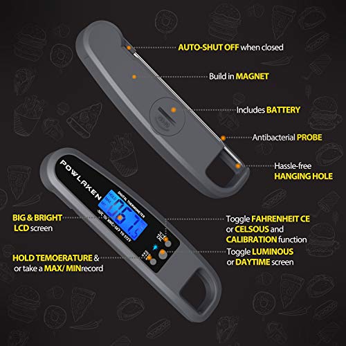 Powlaken Meat Food Thermometer for Grill and Cooking, Instant Read Waterproof Digital Kitchen Thermometer Probe for Grilling Smoker Oil Deep Fry Candy (Grey)