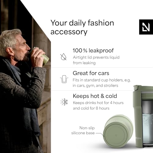 Image of LARS NYSOM Thermo Coffee Mug to go 17oz | Travel Mug 0.5 Liter with Insulation | Silicone grip base | Leak Proof Stainless Steel Tumbler for Coffee and Tea on the Go (Powder Sage Green, 17oz)