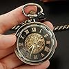 Tiong Bronze uncovered Design Mechanical Roman Numerals Steampunk Pocket Watch Men's Watch with Chain and Box-Bronze #5