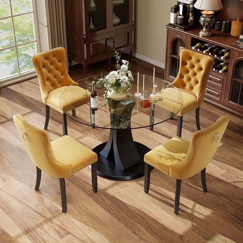 Image of 5-Piece Dining Table Set with 39In Tempered Glass Table and 4 Velvet Upholstered Chairs, Modern Scandinavian Furniture for Dining Room Kitchen(Yellow)