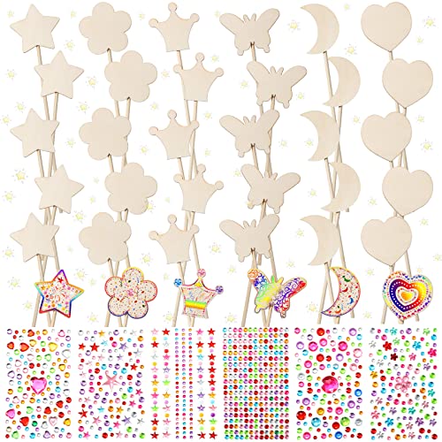 Cindeer 42 Pcs Princess Fairy Wands Kit 36 Pcs Wooden Unfinished DIY Princess Wand with 6 Sheet Colorful Diamond Sticker for Girls Make Your Own Wand Cosplay Costume Party Favor(Wood Color)