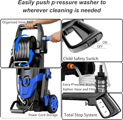 Image of 2026Upgraded Pressure Washer w /4 Quick Connect Nozzles, Inlet Hose & Filter&500ML Soap Tank, High Cleaning Machine for Cars /Fences /Driveways /Patios /Home Cleaning,Blue
