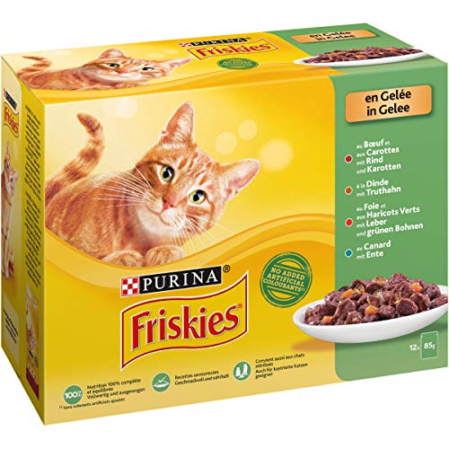 Purina Friskies engelée au Bœuf-Carotte à la Dinde au Foie-Haricots Verts au Canard, 12 x 85g