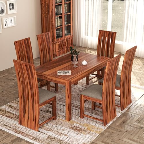 Image of Solid Sheesham Wood 6 Seater Dining Table Set with Cushioned Chairs for Dining Room | Living Room | Home & Office | Hotels Restaurant & Cafe (6 Seater, Honey B)