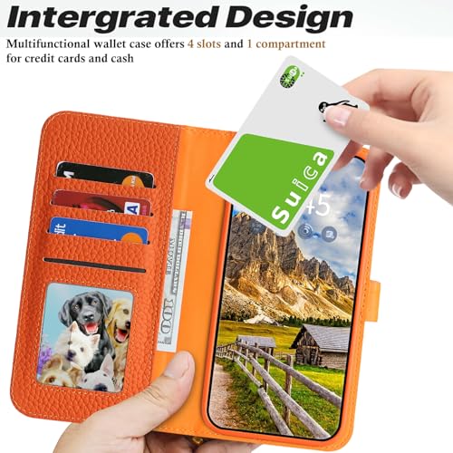 Image of Detachable Genuine Leather Case for iPhone 11 Wallet Case Magnetic 2in1 Removable Flip Cover Book Purse Compatible with Magsafe Charging Kickstand Card Holder-Orange