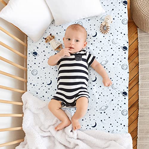 Image of JISEN Baby Crib Sheet 1 Piece Portable Fitted Crib Sheet for Standard Crib and Toddler Mattresses Nursery Bed Decor for Boys Girls 28x52 Inch Stars Planets